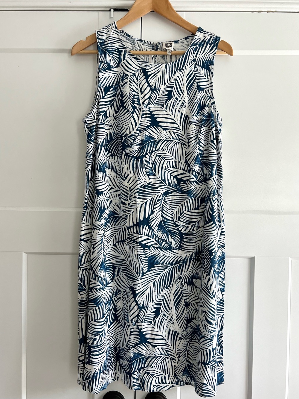 Anne Klein Blue White Tropical Palm Leaf Sleeveless Shift Dress Size 10 Linen